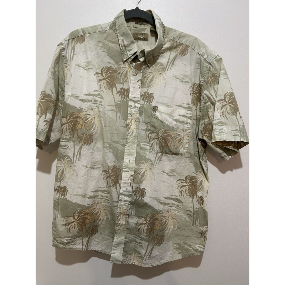 Natural Issue Men's L Short Sleeve Tropical Button-Up Cotton Shirt Beige/Green